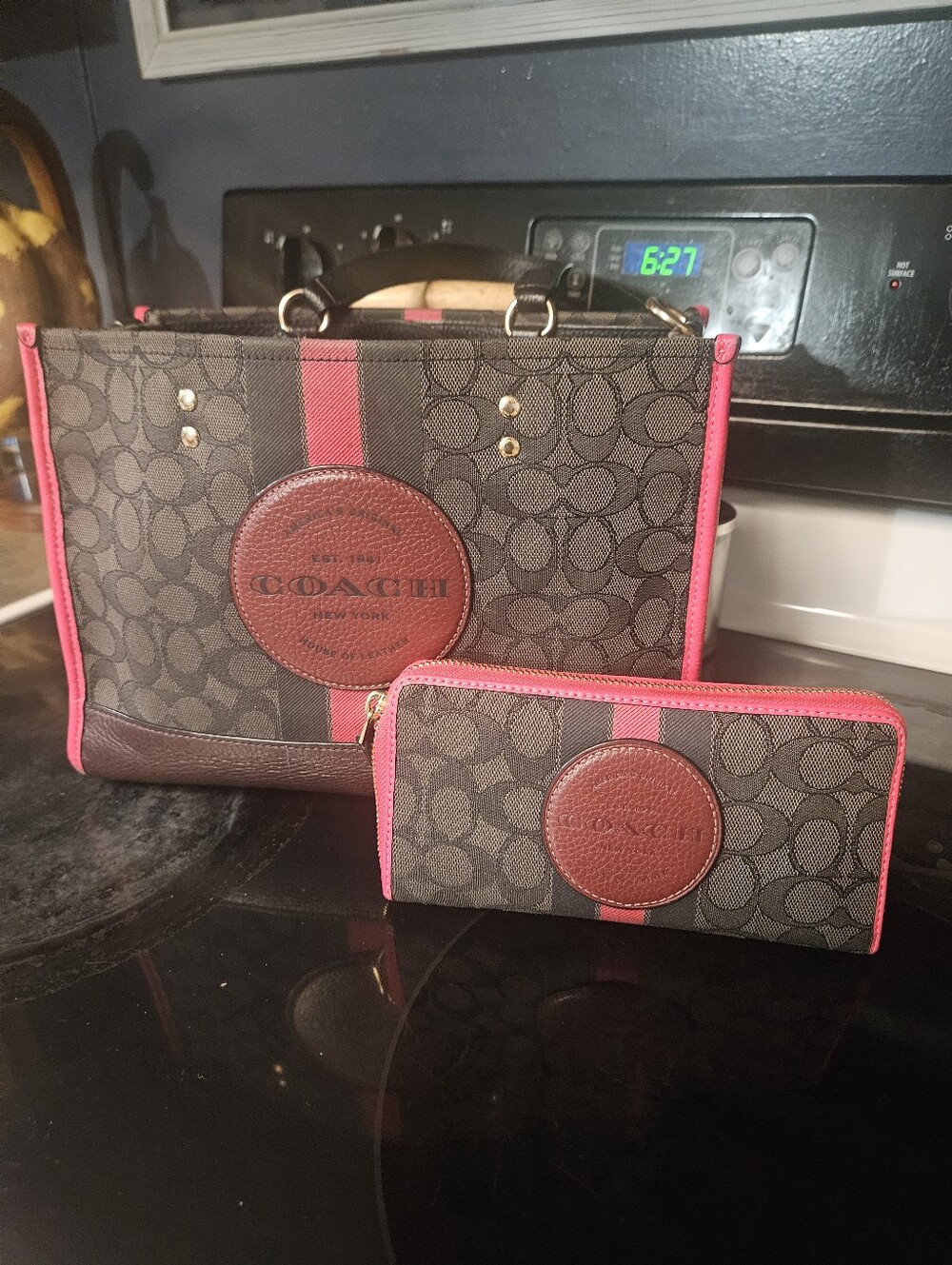 Coach Brown Signature Tote and Wallet with Pink Trim
